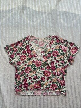 Vintage Victoria's Secret Short-Sleeve V-Neck Top with Rose Embroidery